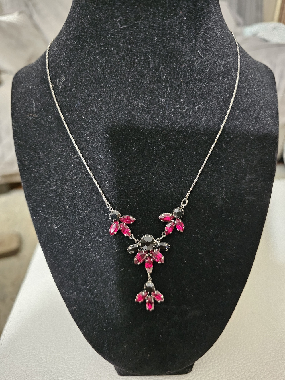 Silver-Tone Necklace with Bright Pink Crystal Drops